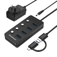 Simplecom CH345C SuperSpeed USB-A and USB-C to 4-Port USB 3.0 Hub 5Gbps Individual Switches and Power Adapter