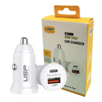 USP 25W Dual Port (USB-C 25W PD + USB-A 18W QC3.0) Fast Car Charger White - Dual USB Quick Charge, Inteligent Charging, 2 Year Warranty